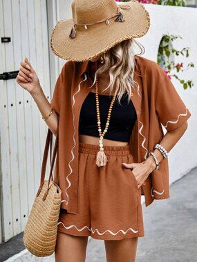 Two Piece Button Down Short Sleeve Outfits Sets NEW - Rust